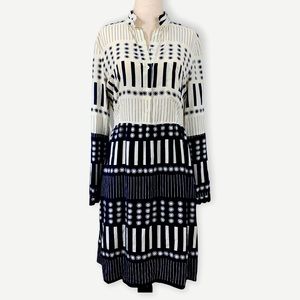 STEVEN ALAN Size 2 Navy Blue & Cream 100% Silk Dress Long Sleeve